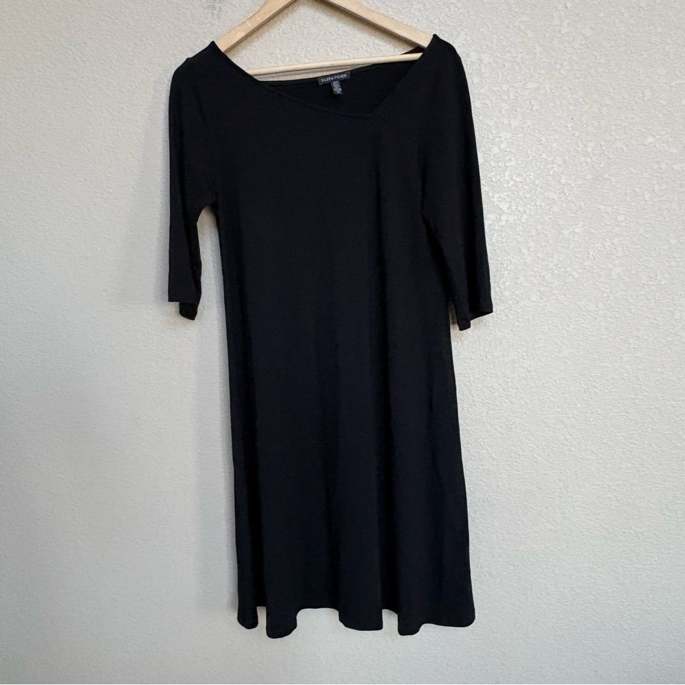 Eileen Fisher Black V-Neck Stretch Jersey Knit Dress 3/4 Sleeve Small‎